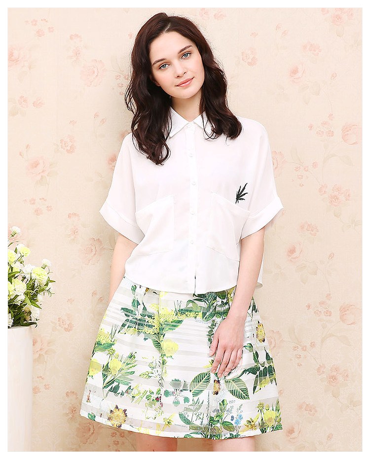 三彩2016夏装新款 宽松白衬衫五分袖绣花雪纺