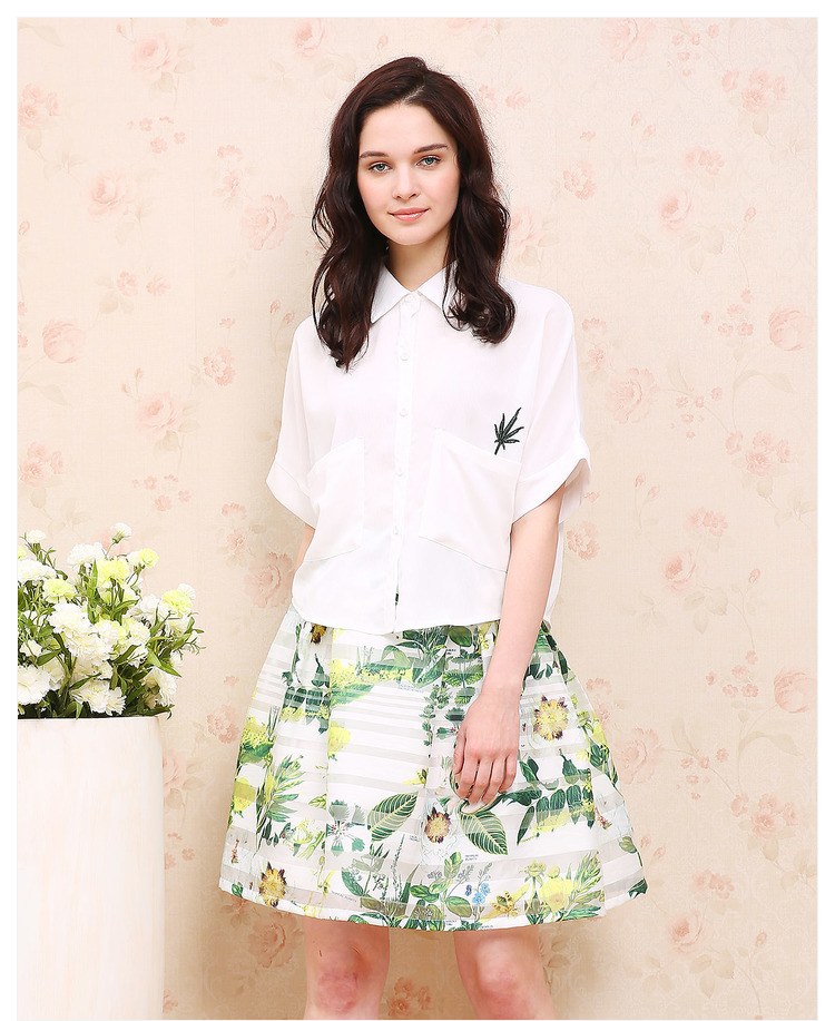 三彩2016夏装新款 宽松白衬衫五分袖绣花雪纺