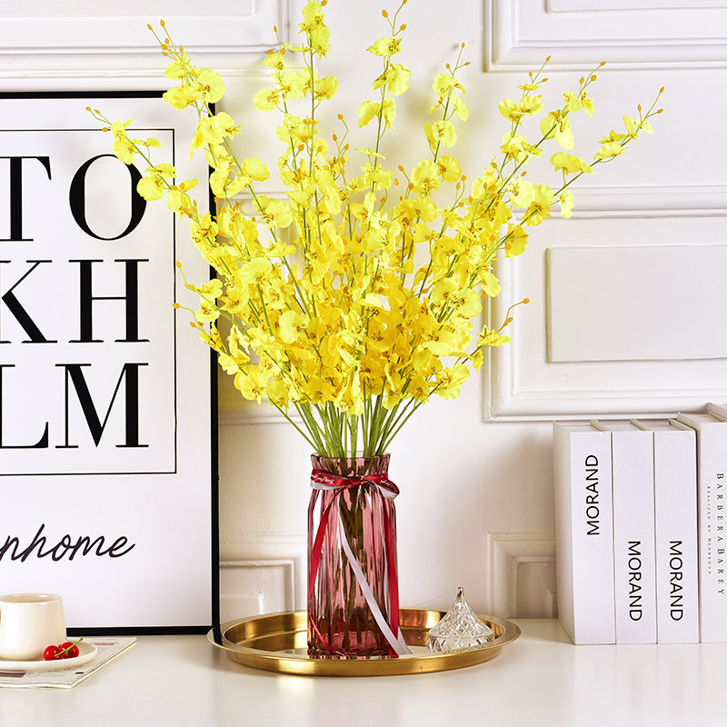 花瓶摆件客厅插花欧式简约小清新富贵竹干花彩色竖棱透明玻璃大号