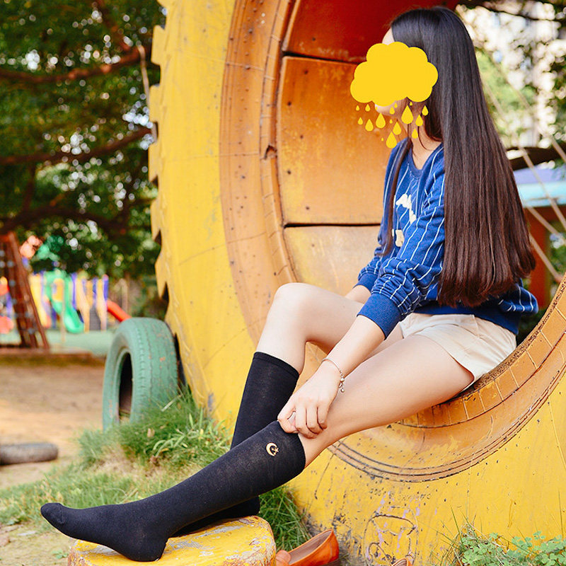 秋季女士小腿袜刺绣款性感全棉学院风日系搭配款小腿袜子简约袜