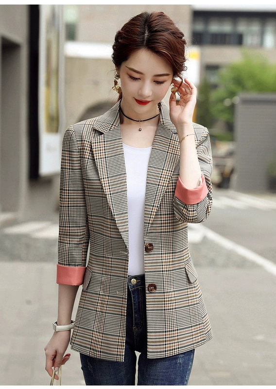 2021 mùa xuân và mùa thu lưới màu đỏ kẻ sọc nhỏ áo khoác phù hợp với phụ nữ retro mỏng chuyên nghiệp phù hợp với ol áo khoác giản dị Hàn Quốc - Business Suit