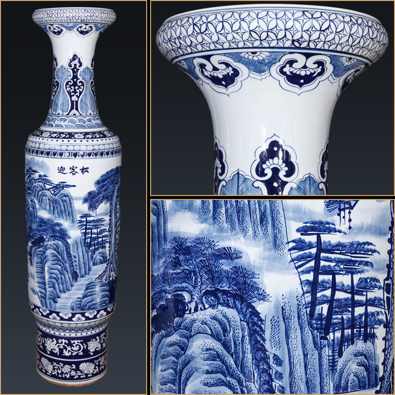 Jingdezhen ceramics hand - made guest - the greeting pine landscape painting of large blue and white porcelain vase villa hotel lobby for the opening