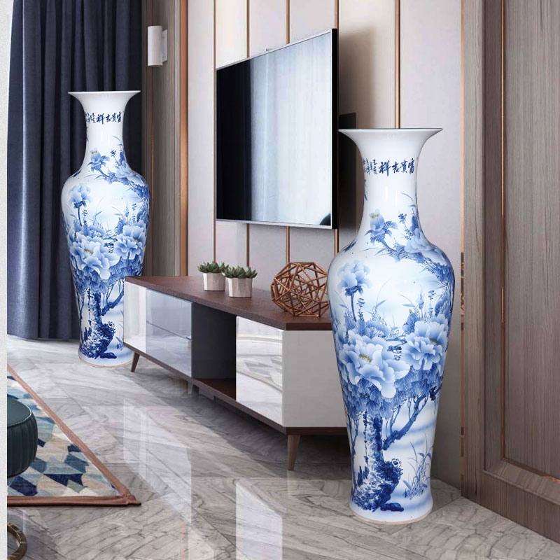 Jingdezhen ceramic big hand blue and white porcelain vase furnishing articles sitting room ground large Chinese TV ark beside ornaments