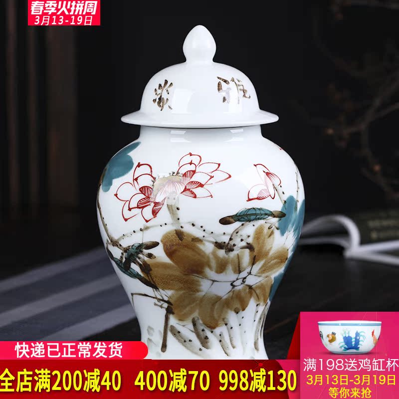 Jingdezhen ceramics master hand draw freehand brushwork in traditional Chinese lotus the general pot of new Chinese style living room porch decoration furnishing articles