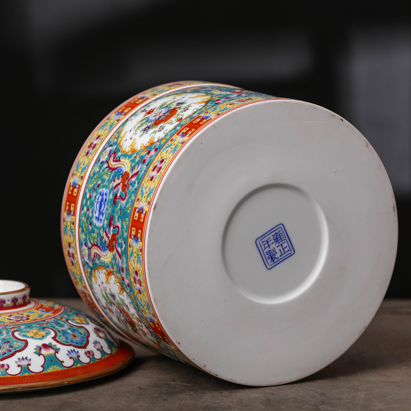 Jingdezhen ceramic colored enamel caddy fixings wake pu 'er tea cake jar with cover seal moisture large storage tank