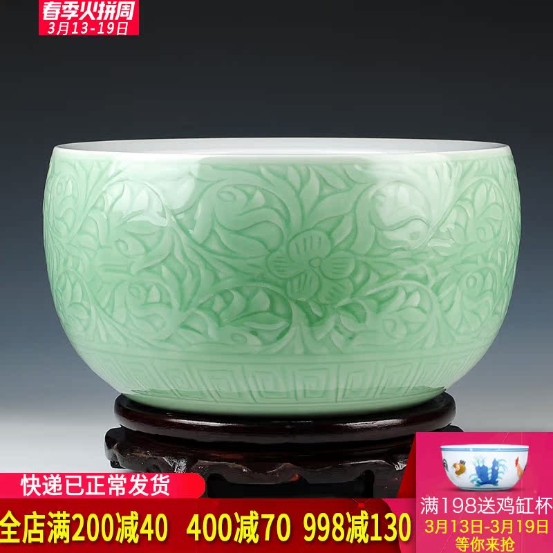 Jingdezhen ceramics pure hand - carved blue glaze daikin aquarium tortoise cylinder shallow water lily water lotus basin furnishing articles