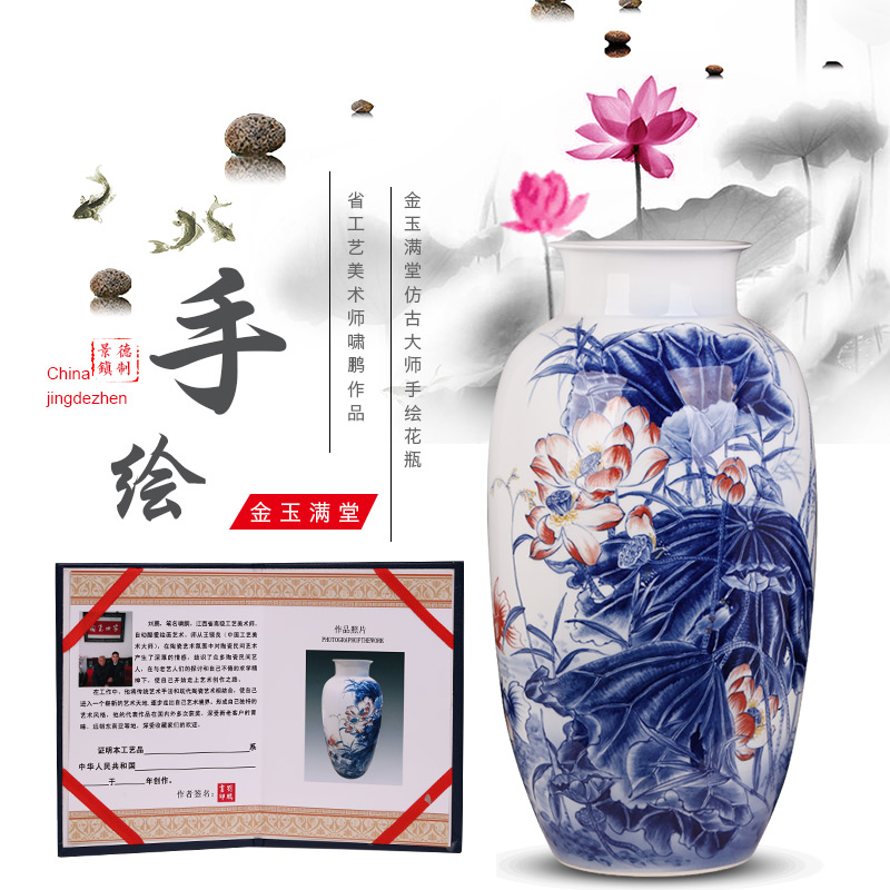 Jingdezhen ceramic masters hand - made furnishing articles sitting room blue and white porcelain vase flower arranging Chinese porcelain home decoration