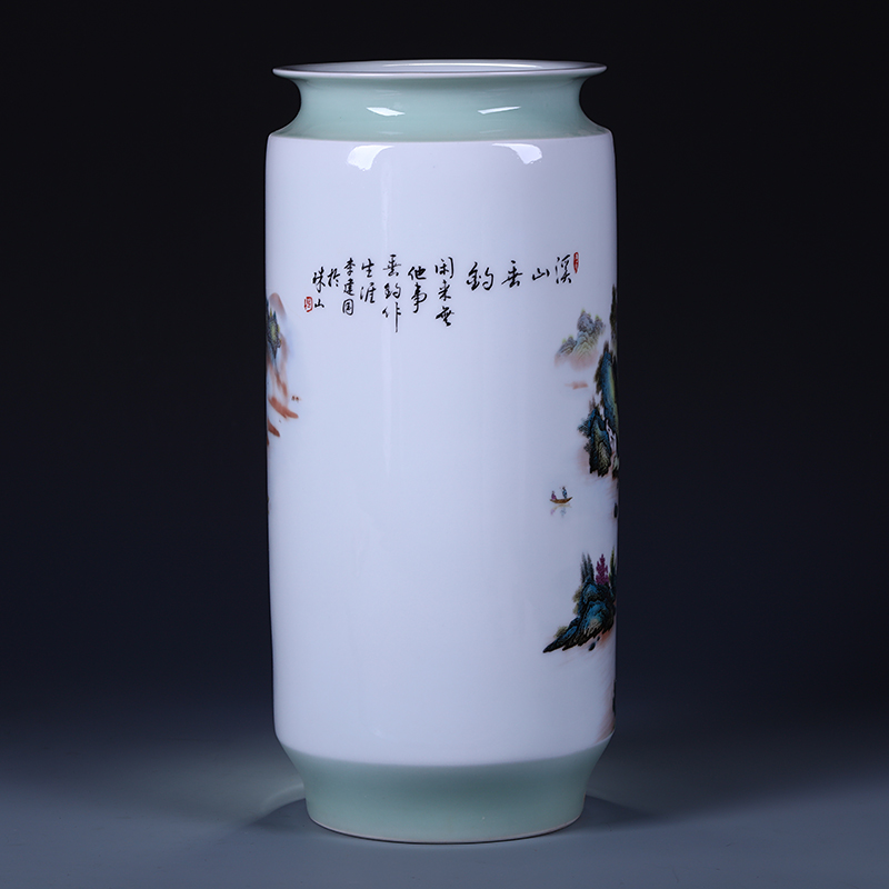 Jingdezhen ceramics green glaze landscape painting and calligraphy tube quiver scroll sitting room place, the study of large cylinder vase