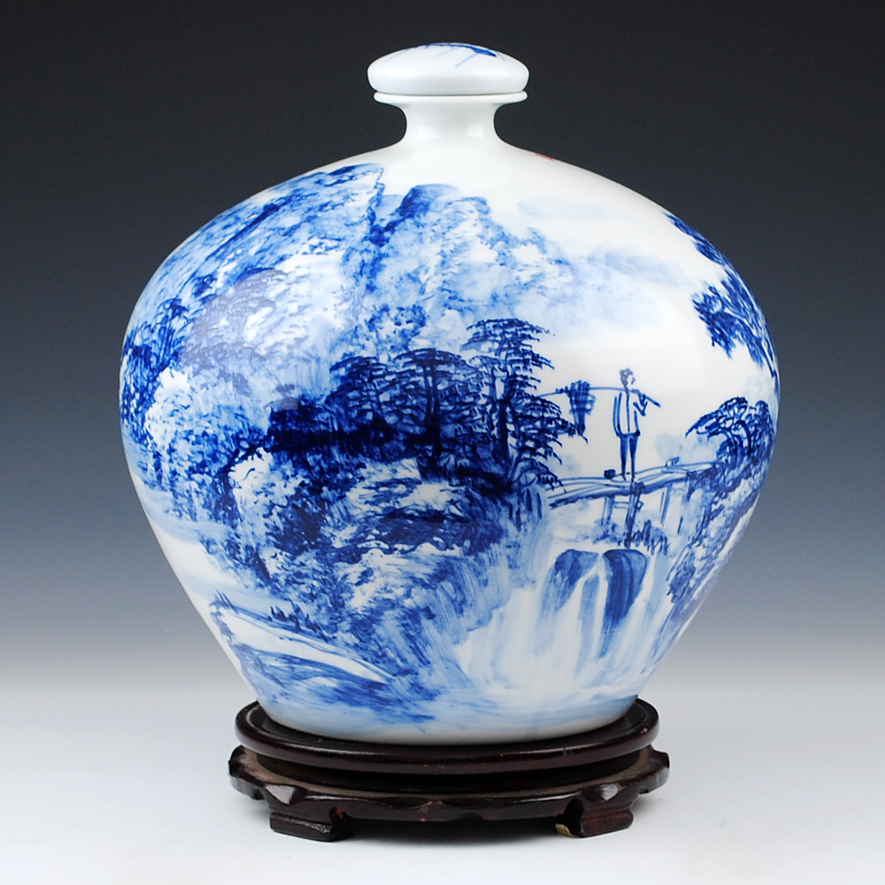 Jingdezhen Wu Wenhan famous blue and white landscape painting hand - made ceramic terms 15 kg bottle pack jars wine collection