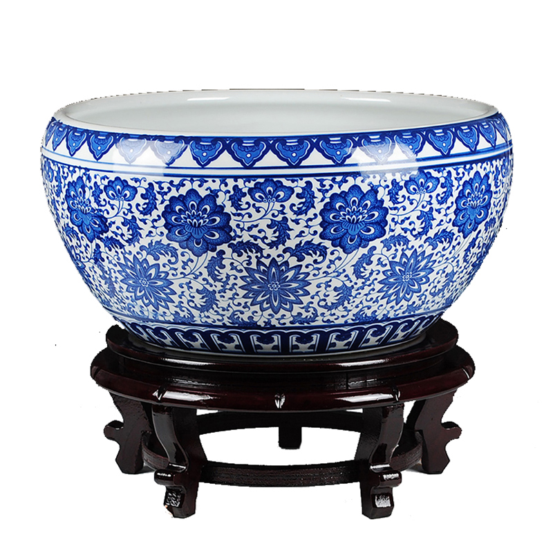 Blue and white porcelain of jingdezhen ceramics shallow daikin tank cylinder water lily tortoise refers to flower pot furnishing articles oversized