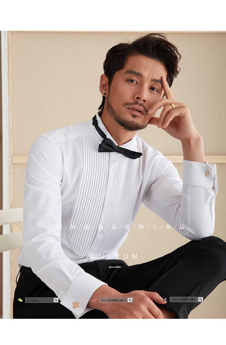 法式宫廷风胸前折叠袖扣宴会礼服衬衫男商务修身晚宴长袖白色衫衣