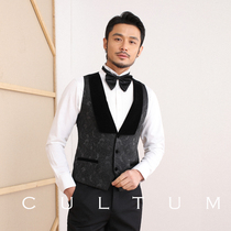 Light luxury heavy industry mens embroidered black dress vest slim-fit free ironing business retro velvet collar gentleman horse clip