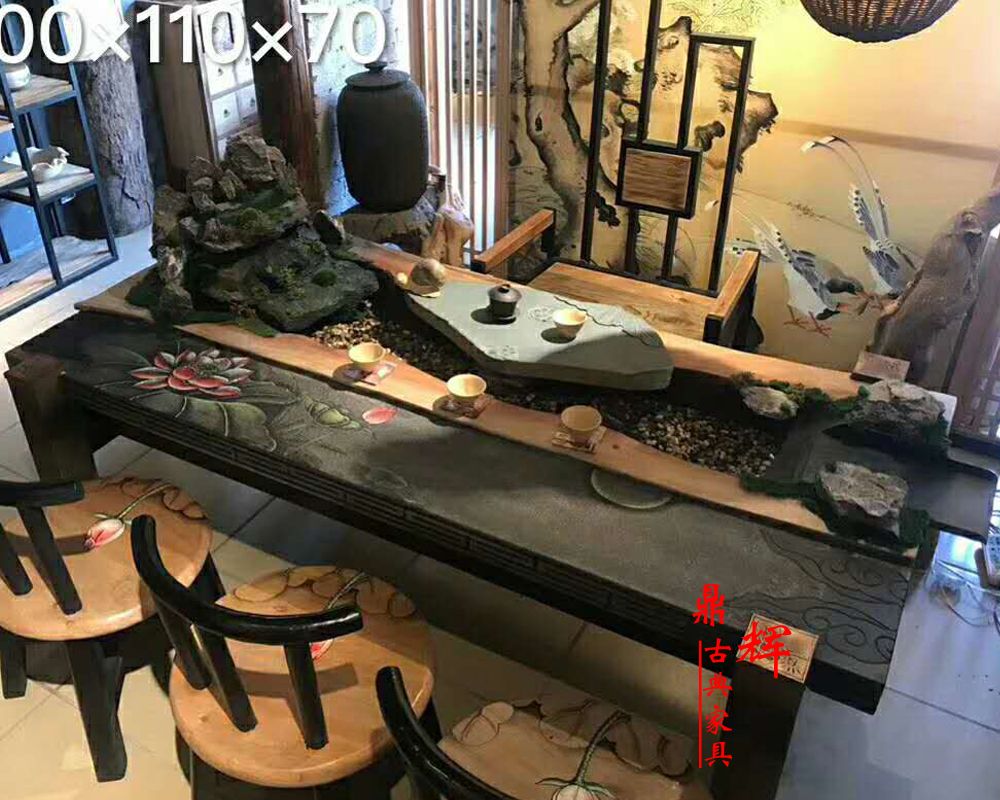 流水茶桌休闲养鱼新中式会所茶桌循环风水茶桌阳台微香樟木小不可