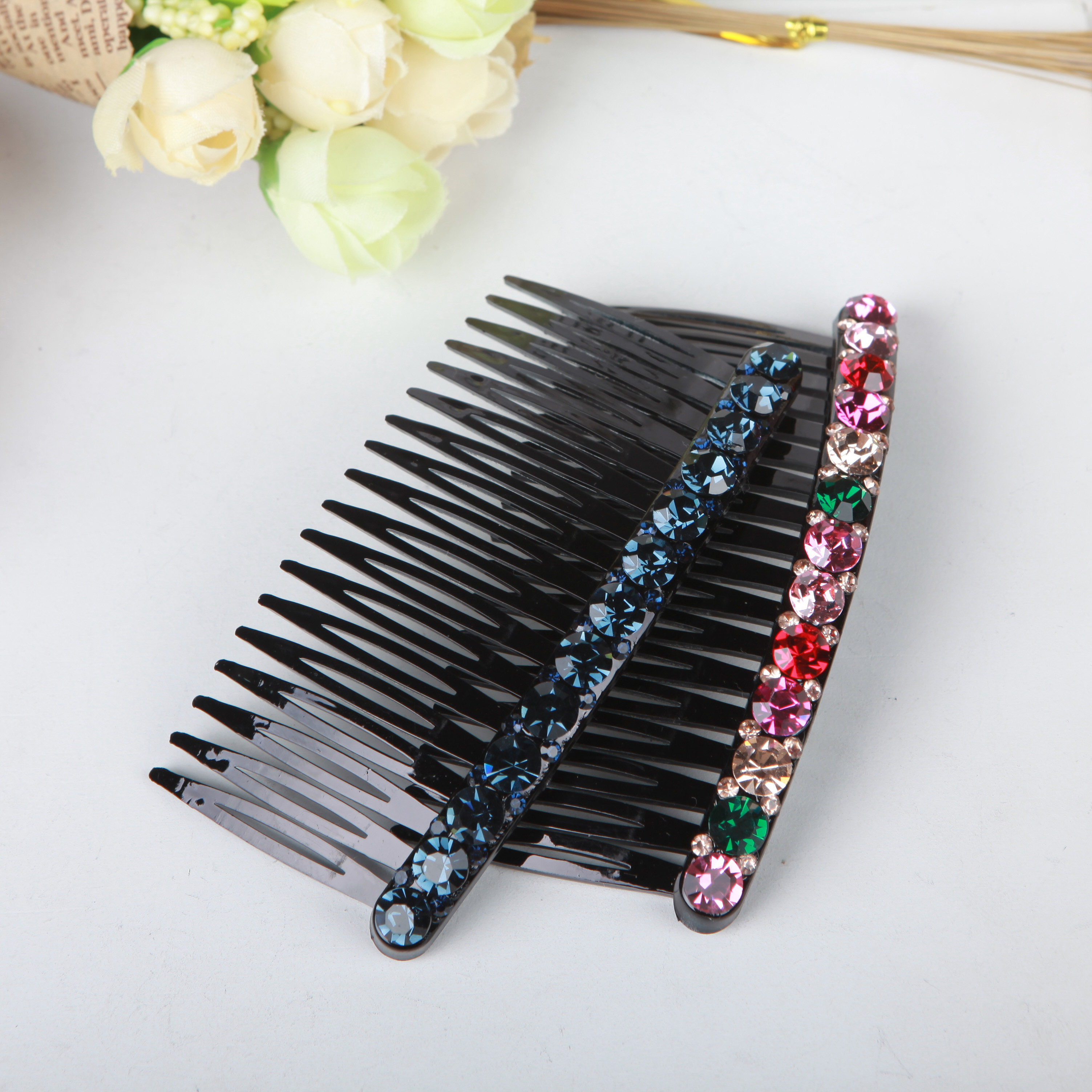 韩国发饰镶钻发梳耐用粗齿小号插梳进口水钻盘发发夹亮钻刘海发插_7折