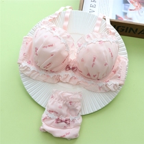 Japanese thin cute girl gathering bra with steel ring sexy lace underwear set sweet pink print autumn