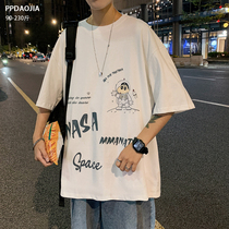 Cartoon Print Short Sleeve T Shirt Male Summer Tide Signs Ins Loose Big Code Fat Son Pure Cotton Half Sleeve Compassionate Tide Clothes