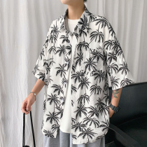 Hawaiian Flowers Shirt Man Short Sleeve Loose Big Code Ice Silk Ruffin and Beach Shirt Trendy Coconut Tree Retro Coat