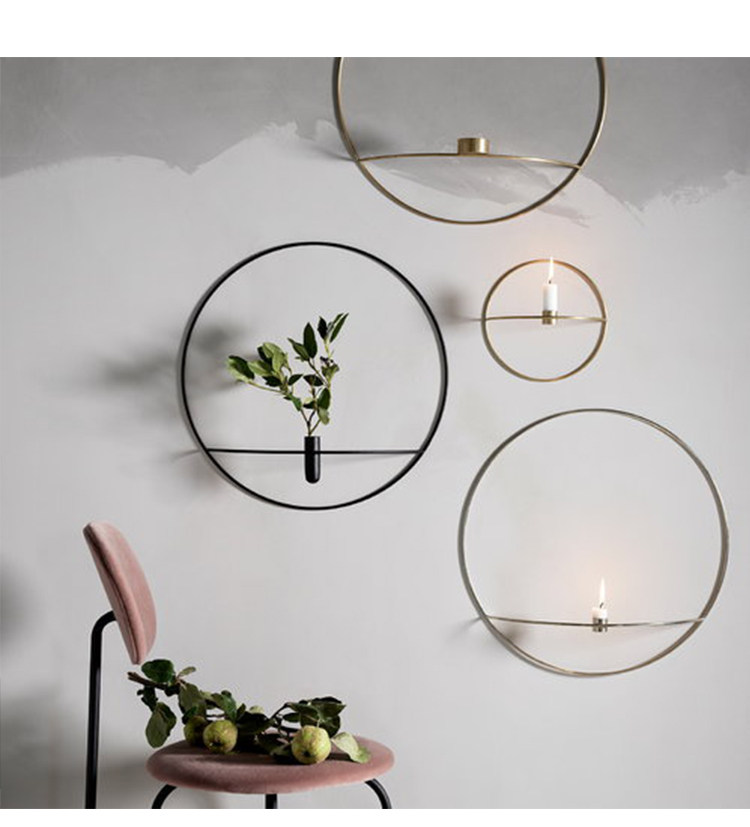 金色圆形蜡烛台插花壁挂立体烛台墙面软装设计餐厅咖啡馆背景壁饰