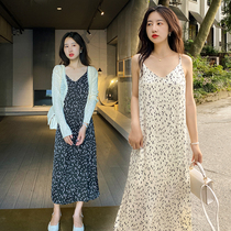 Princess with hood-shirt sling one-piece dress Women Summer 2021 new satin acetate Crushed Flowers Loose v collar Long dress