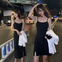 Concubine with suit sling dress female spring and autumn sexy split slim temperament knitted base small black dress
