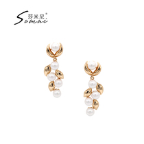 Sumni Samini Europe and the United States 925 silver 18K gold earrings fashion leaves artificial pearl temperament earrings