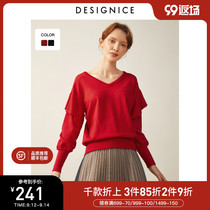 Dessenis autumn new wool sweater lady design sense niche ruffle vneck pullover sweater