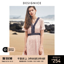 Dessenis summer V-neck polo dot print chiffon dress sweet lotus leaf sleeve skirt Korean version