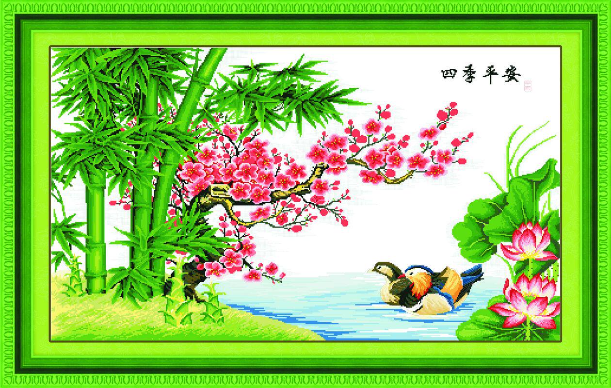 青飞3d精准四季平安鸳鸯版十字绣五福临门鸳鸯梅花竹子有丝线