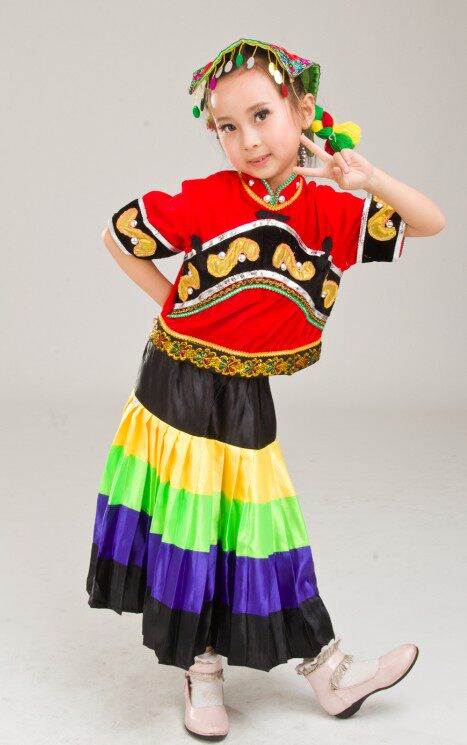 彩衣朵朵彝族儿童表演服舞蹈服装演出服饰品民族服装女童长款7241