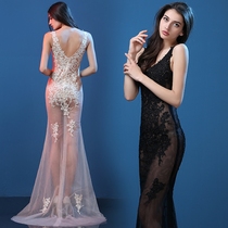 Sexy dress Nightclub womens new deep v fishtail lace long dress perspective dress Sexy evening dress transparent