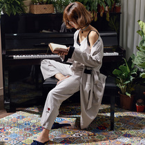 Three-piece pajamas women's spring and autumn cotton condole belt pants simple sexy autumn and winter cotton thin nightgown set