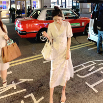 Womens 2020 Summer and Autumn New White Lace Chiffon Dress Korean V-neck Short Sleeve Fairy Skirt