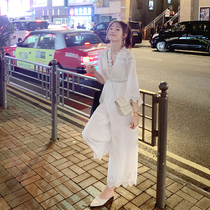 Fish Rabbit Rabbit womens dress Korean casual white lace high waist Super fairy nine wide leg jumpsuit thin