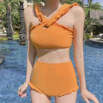 Miss Han ins turmeric retro high waist belly bathing suit small fresh wood ear shoulder flat angle bikini woman