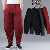 Winter linen pants Mens Chinese national style padded thickened warm cotton pants Casual elastic waist small feet Harlon pants