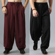 Spring and summer linen Chinese style mens pants Loose large size cotton and hemp practice pants Meditation layers wide leg pants Lantern pants
