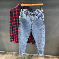 High-end retro washed light blue nine-point jeans mens slim-legged pants Korean version of the trend 9-point pants men