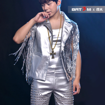 Trendy male singer nightclub bar drum drum DJ costume personality tassel sequins rivet vest pu leather pants suit
