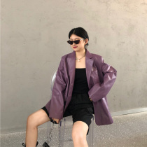 2020 spring new retro haze purple profile loose suit leather jacket PU leather suit women