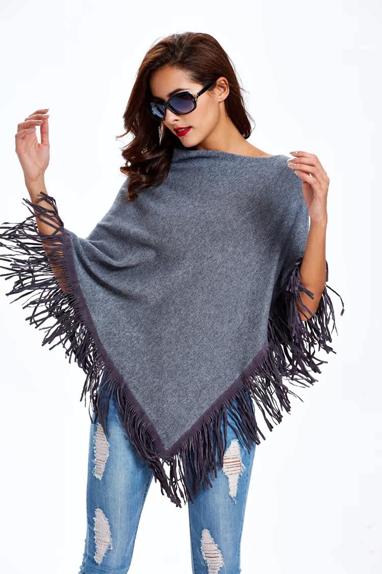 实拍 欧美秋冬针织衫不规格长衣披风流苏露肩外套上衣