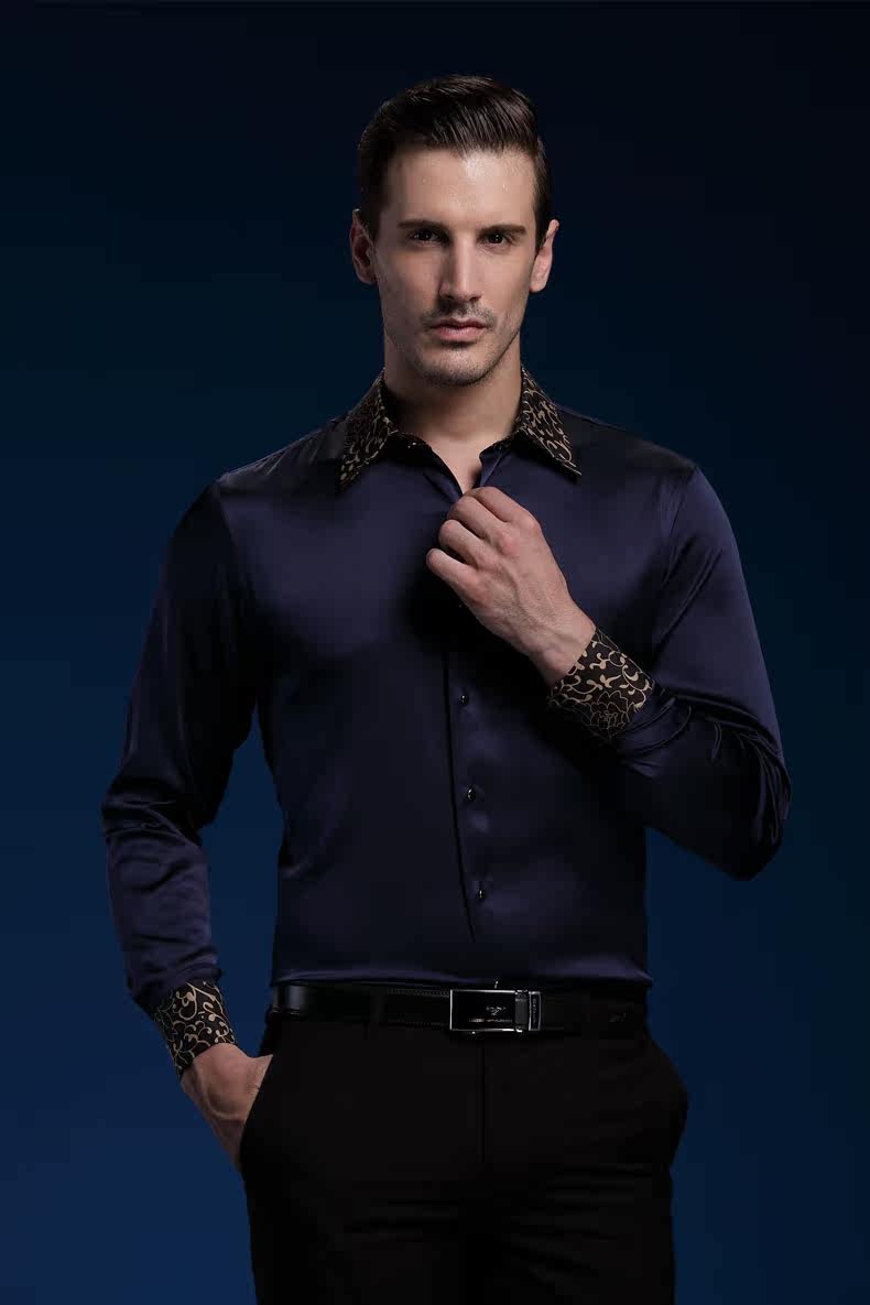 盛衫丝绸男装新款印花领真丝长袖男款衬衫纯色拼接桑蚕丝2