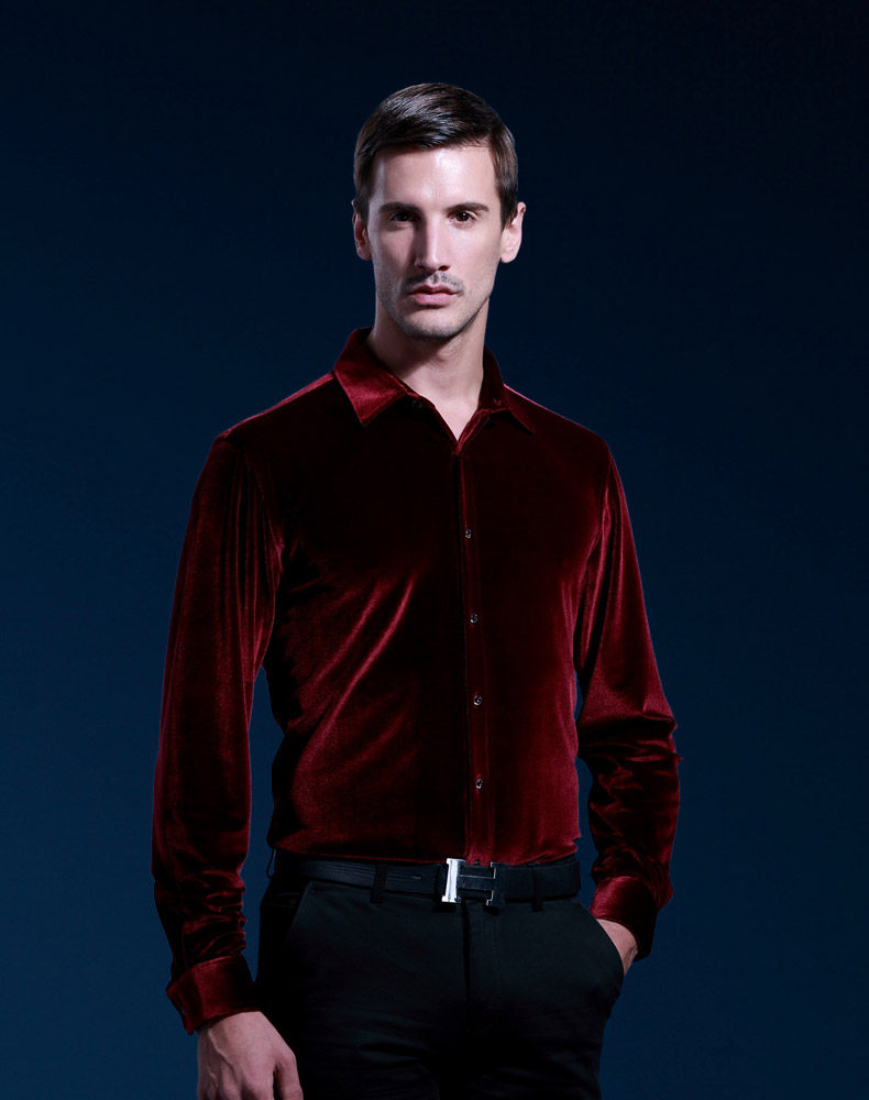 盛衫17秋冬升级新款韩国进口丝绒厚男衬衫长袖纯色酒红墨绿翻领2