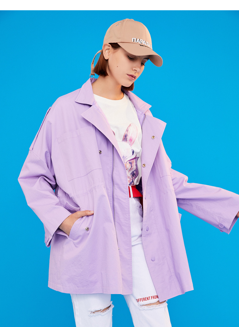 初语 翻领腰部抽绳大口袋宽松风衣8910632007