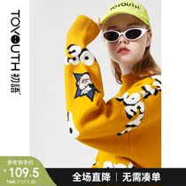 First language sweater female cocoon pullover loose new cartoon embroidery contrast color coarse wool semi-high collar black top tide