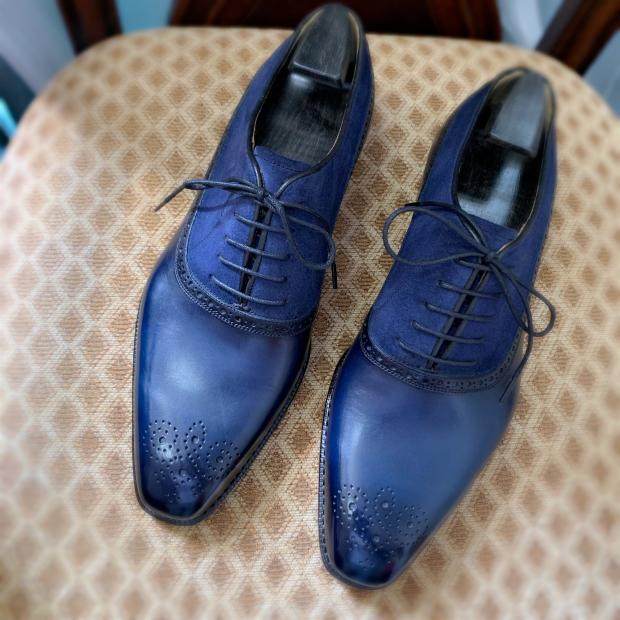 固伦商务正装男鞋固特异手工定制真皮英伦风婚鞋男皮鞋深蓝色牛皮