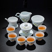 Sheep Jade tea set set household green ceramic Jade jade bowl Group tea cup high-end gift office meeting