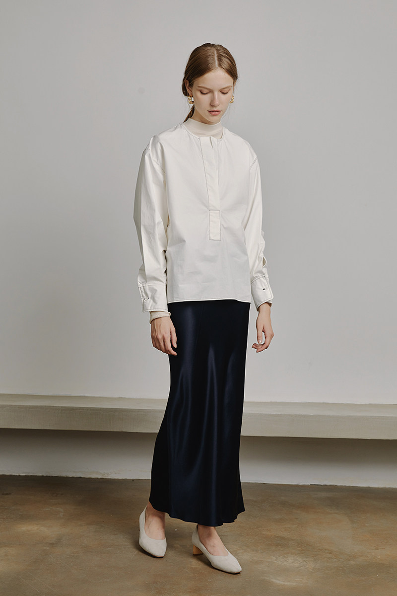 aller法式复古小众设计感廓形厚款v领纯棉白色衬衣上衣秋冬女