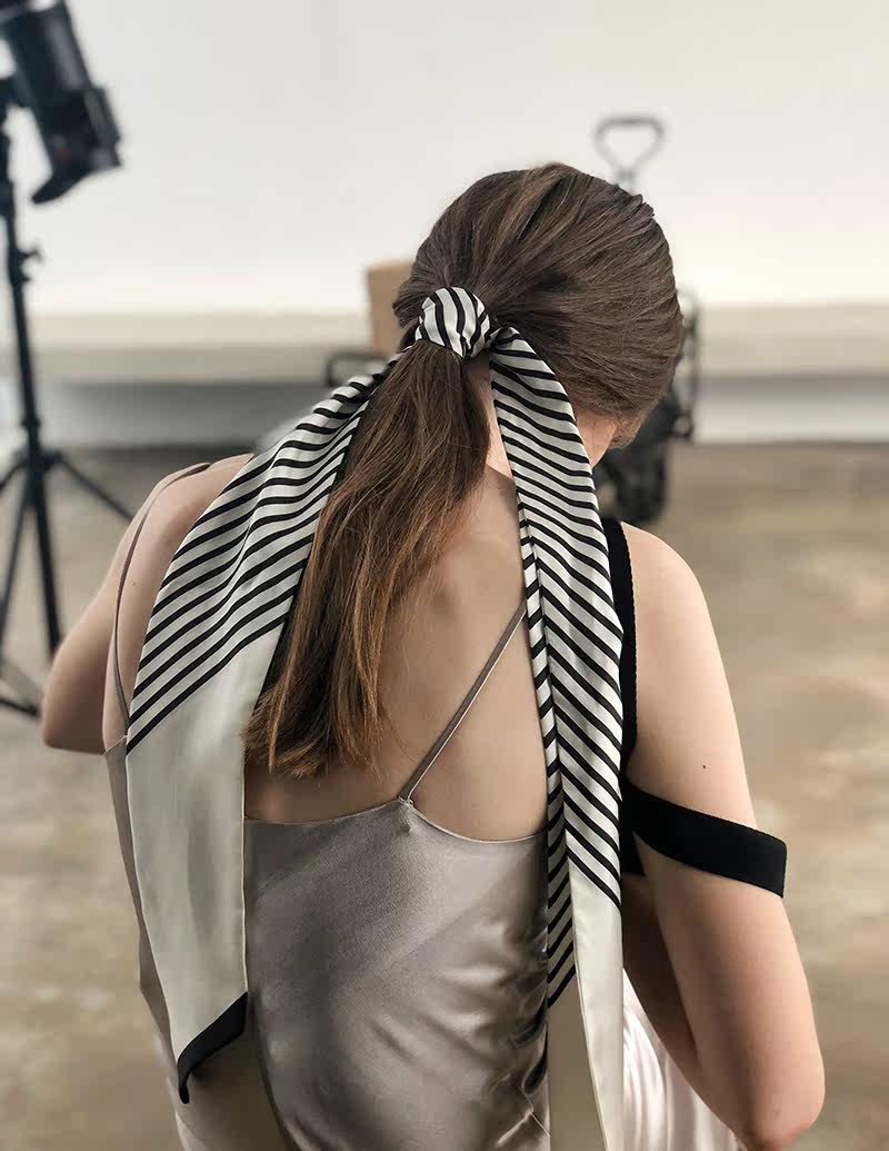 aller原创定制法式复古设计感条纹双面16姆米真丝桑蚕丝发带丝巾