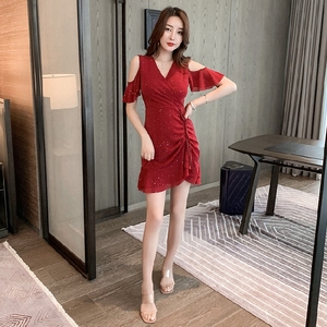 2020 new bright diamond elastic fashion Korean slim V-neck irregular Ruffle Dress