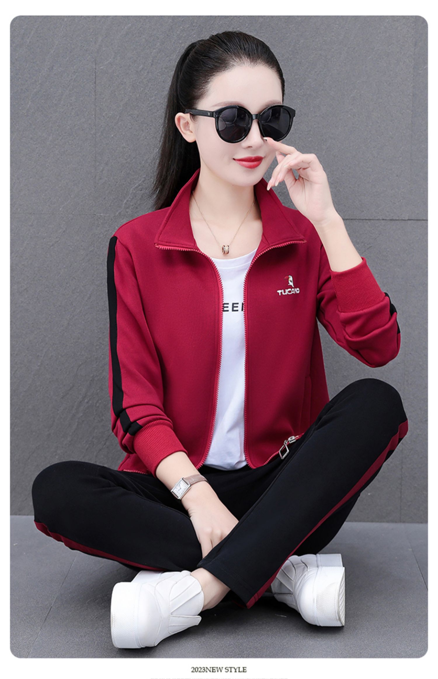 啄木鸟名牌运动服套装女2025新款春秋洋气妈妈休闲开衫卫衣三件套